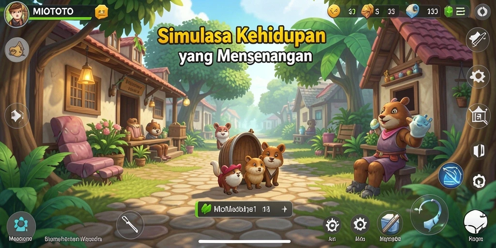Screenshot gameplay MIOTOTO yang menggambarkan simulasi kehidupan.