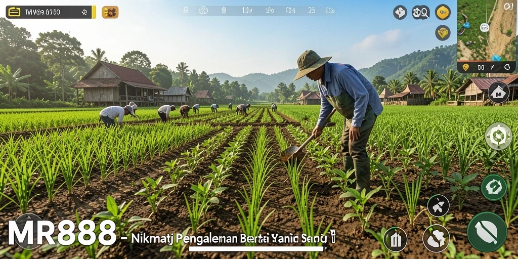 Screenshot gameplay MR888, memperlihatkan aktivitas bertani yang seru.