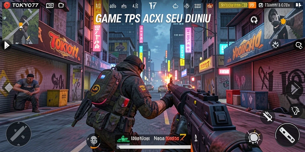 Screenshot utama TOKYO77 menampilkan aksi tembak menembak yang intens.