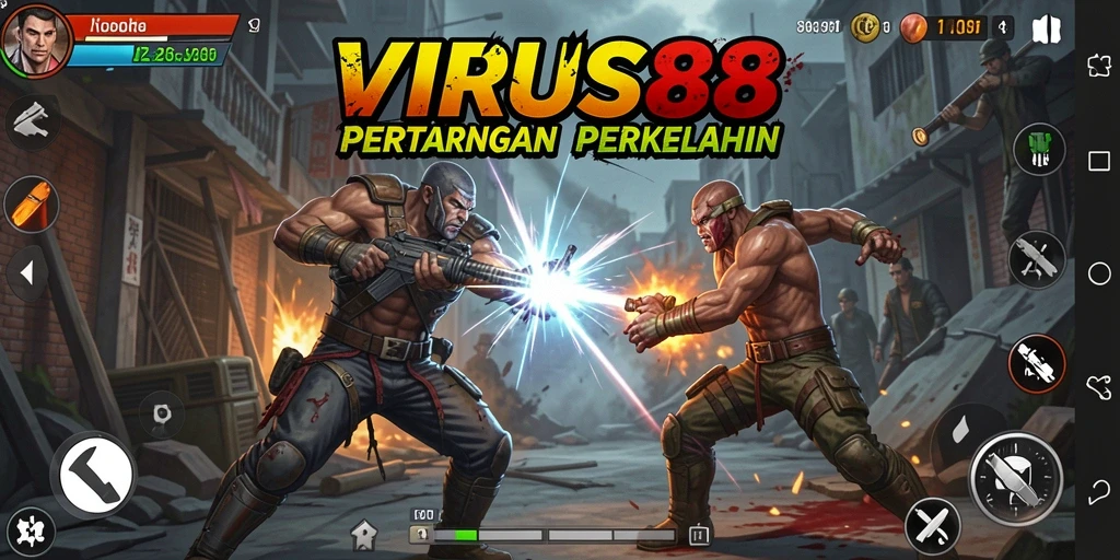 Screenshot gameplay VIRUS88 menampilkan pertarungan seru dan karakter yang beragam.